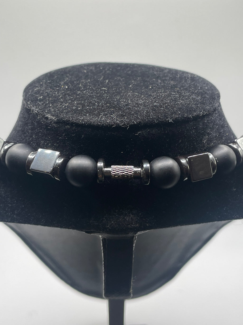 Matte Black Onyx and Hematite Flat Spacer Bead Necklace screw closure clasp detail