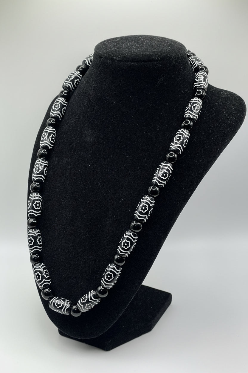 Black Onyx & Oval Floral Acrylic Bead Necklace