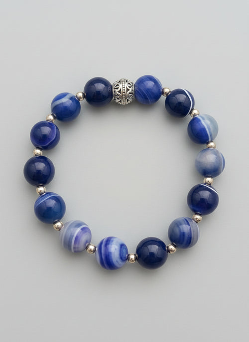 Blue Striped Agate with Silver Bead and spacers 12mm