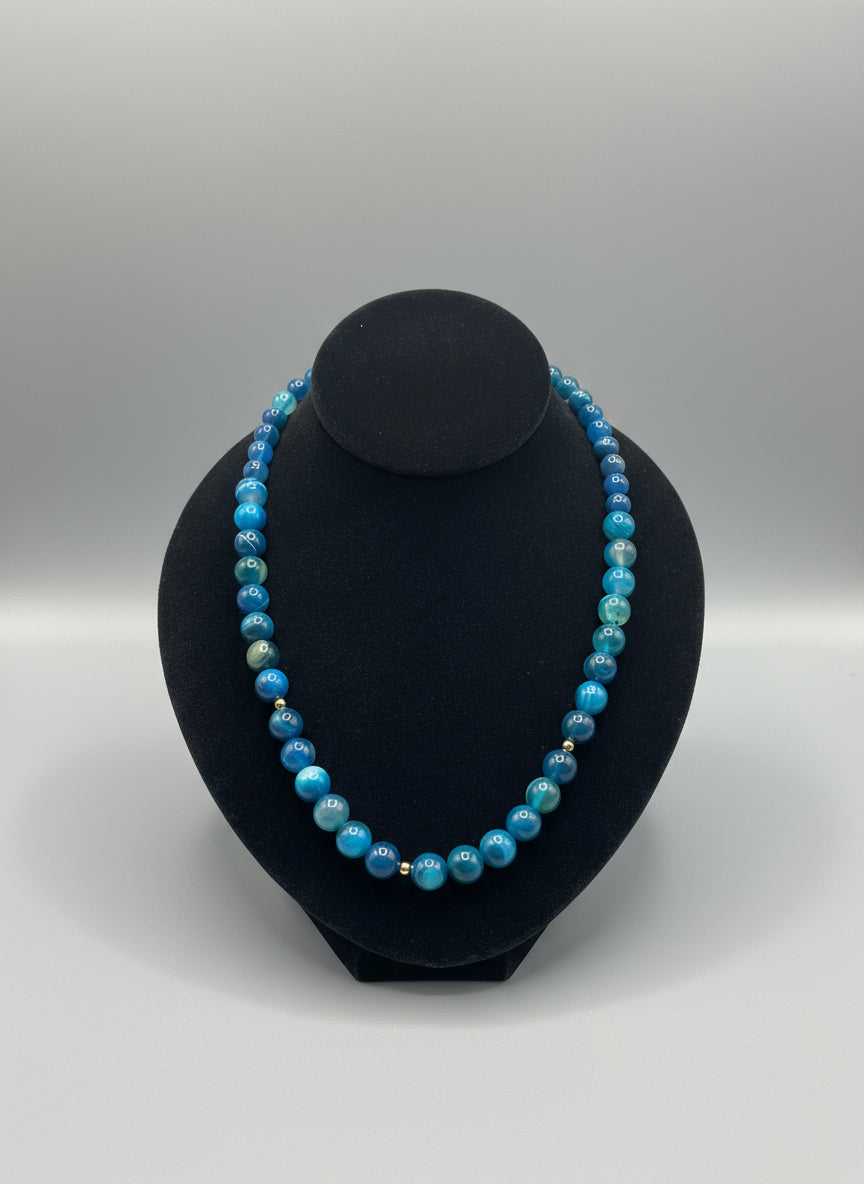 Blue White Striped Agate Necklace 22" with gold spacer and Elastic Stretch chain
