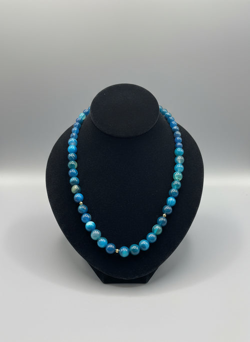 Blue White Striped Agate Necklace 22" with gold spacer and Elastic Stretch chain