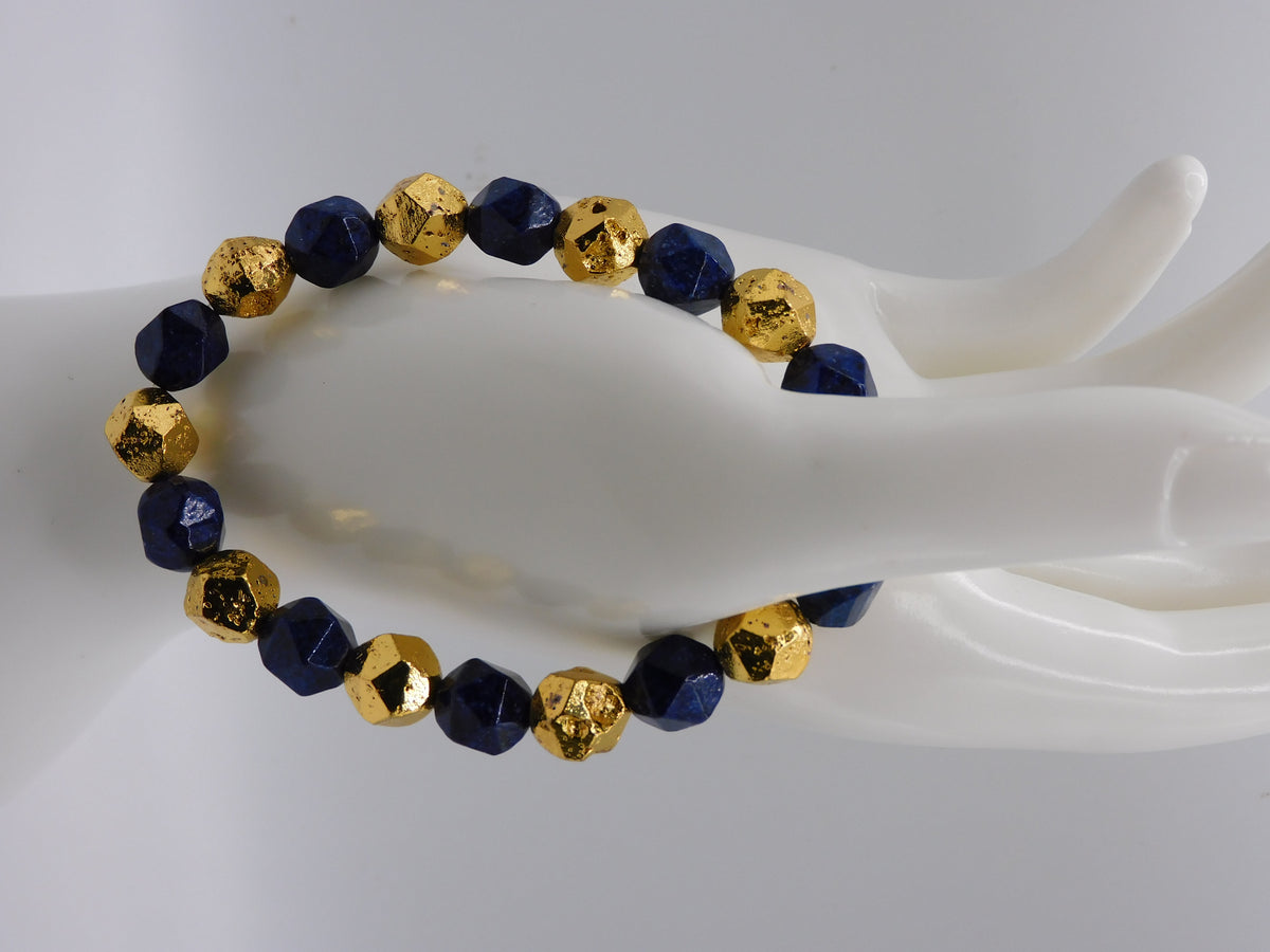 Natural Lapis Lazuli Faceted with Hematite Gold - 10mm Stretch Bracelet