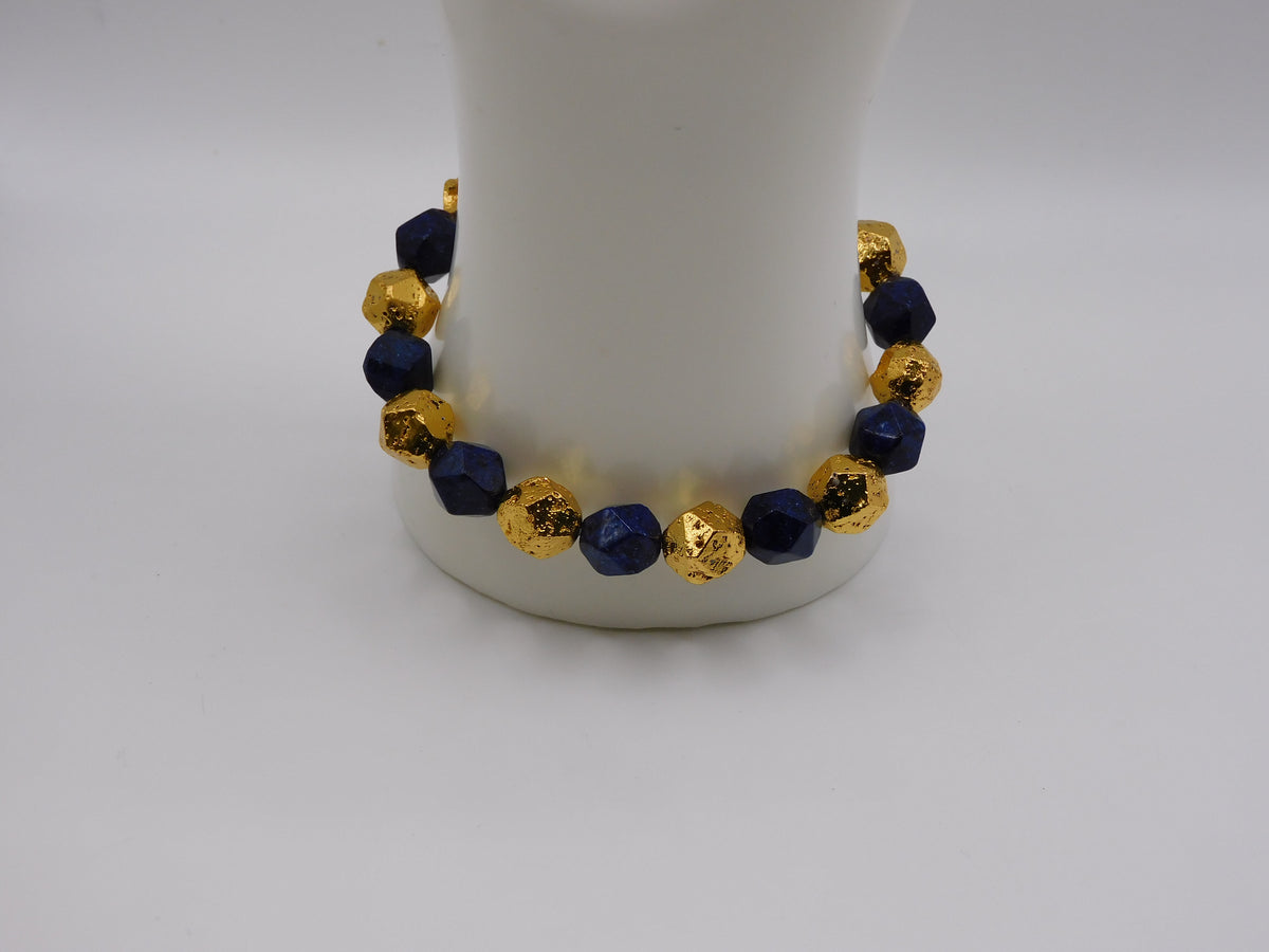 Natural Lapis Lazuli Faceted with Hematite Gold - 10mm Stretch Bracelet