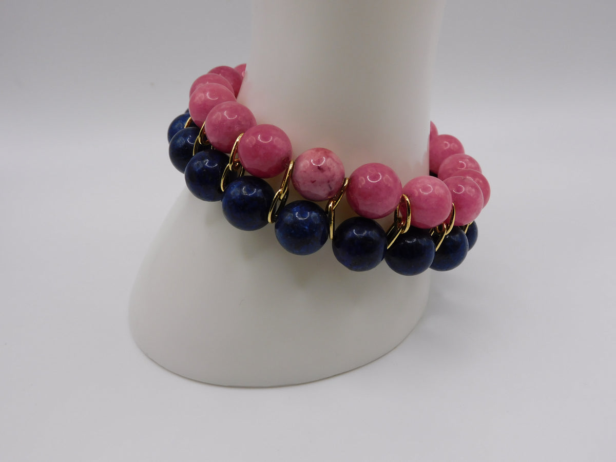 Lapis Lazuli & Rhodochrosite 8mm Double Stack Bracelet Set - Blue Rose Gemstone Jewelry