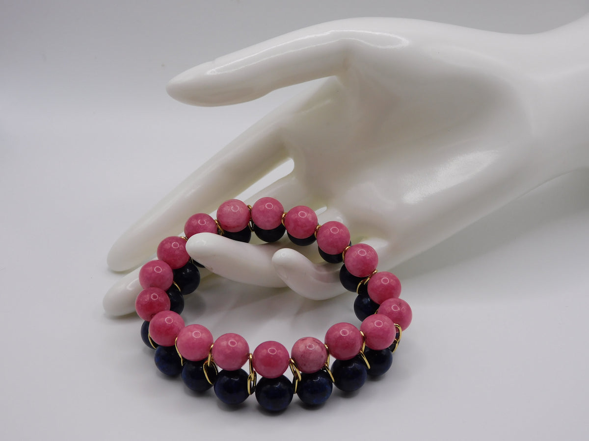 Lapis Lazuli & Rhodochrosite 8mm Double Stack Bracelet Set - Blue Rose Gemstone Jewelry