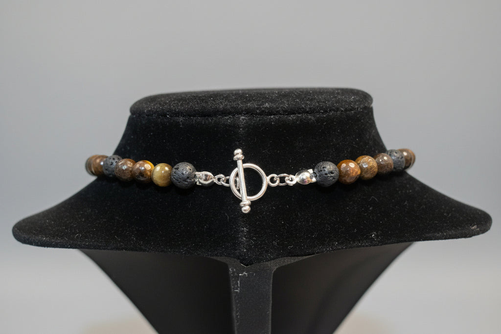 Yellow Tiger Eye & Lava Stone Necklace with Heart Pendant