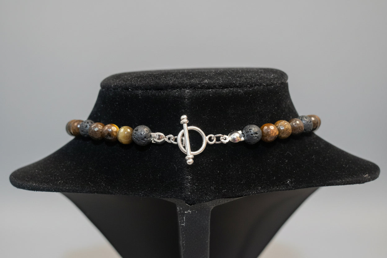 Yellow Tiger Eye & Lava Stone Necklace with Heart Pendant