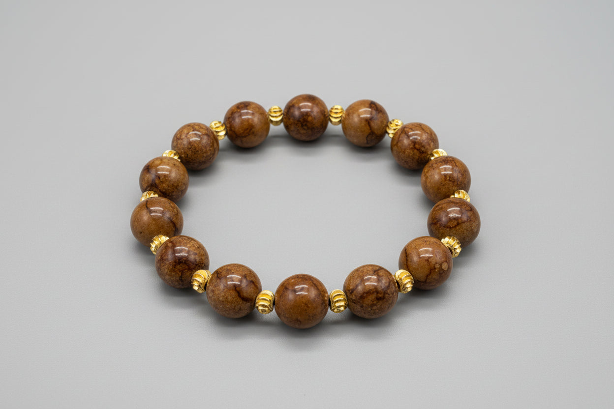 Brown beaded bracelet with gold accents on a wooden surface