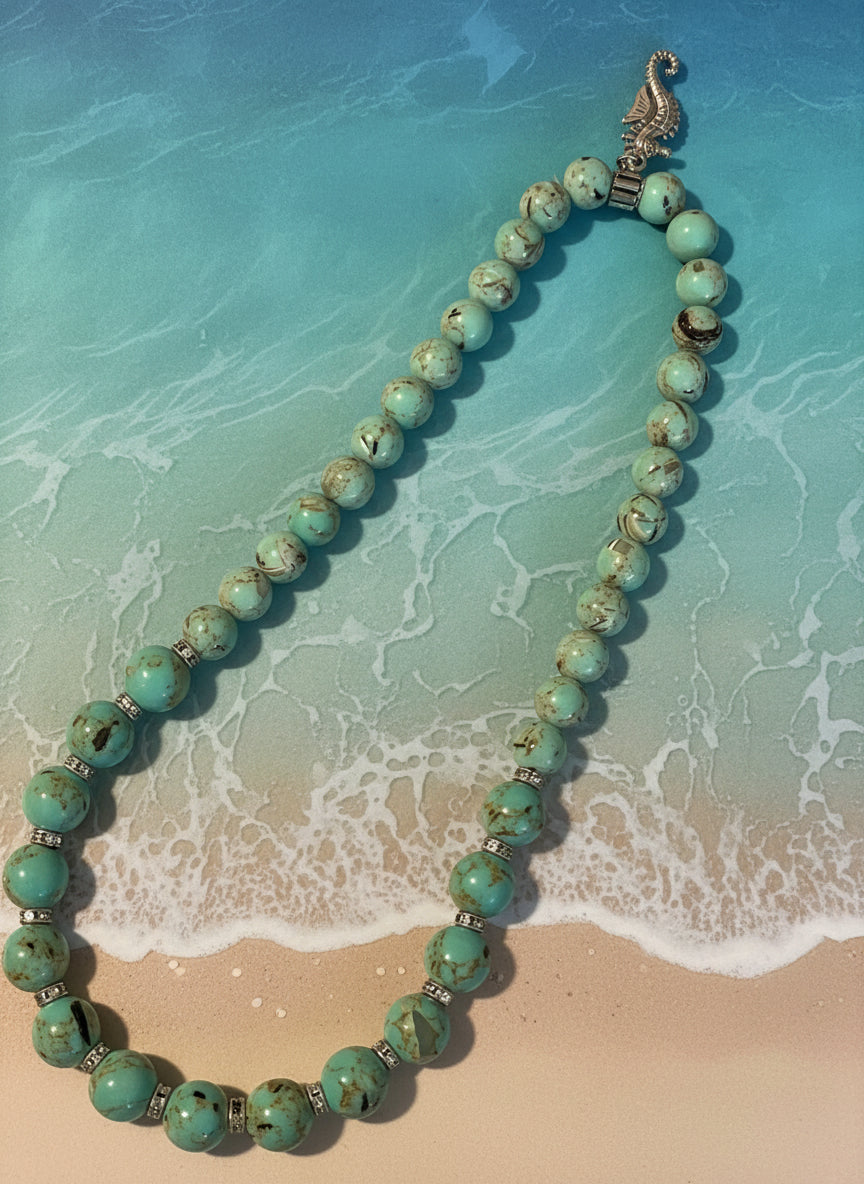Green Turquoise necklace with silver spacer and charm elastic stretched strand