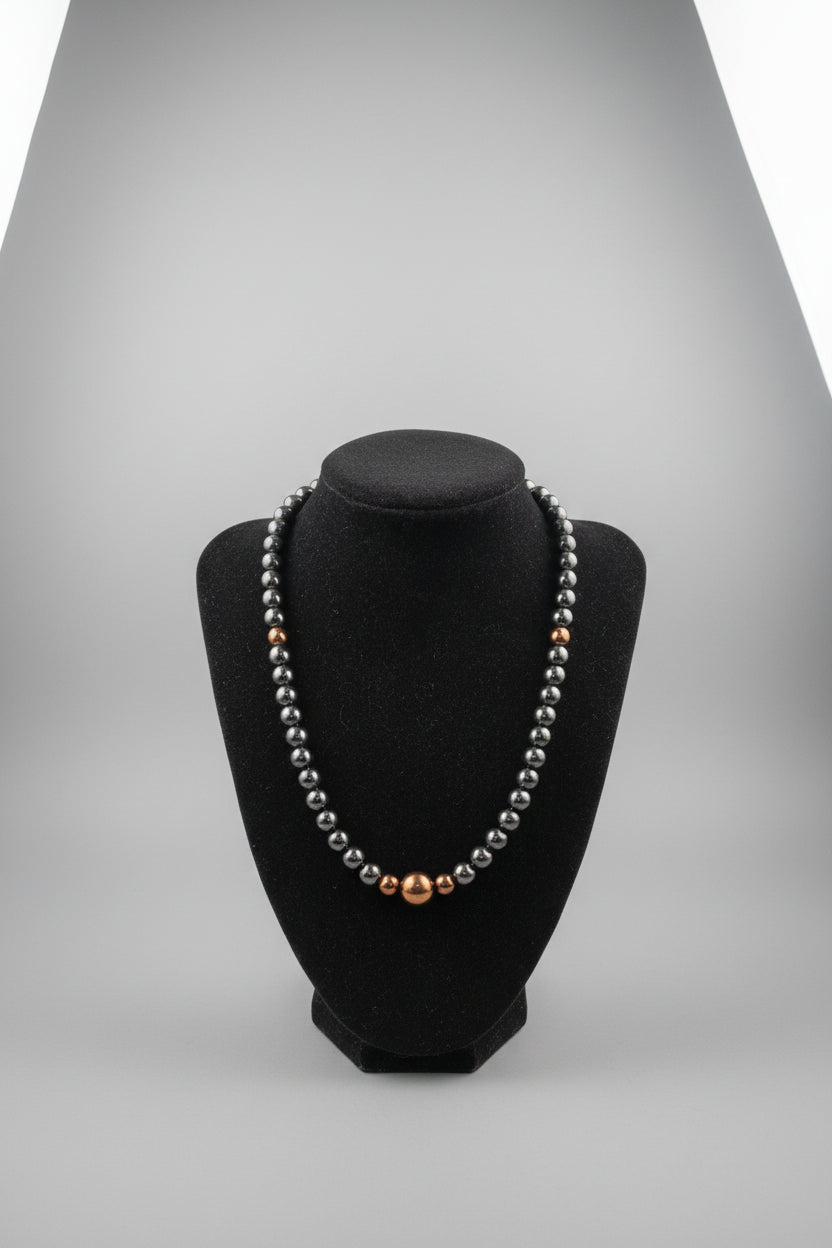 Natural Black Hematite and Red Bronze Copper Hematite Necklace on black velvet bust display