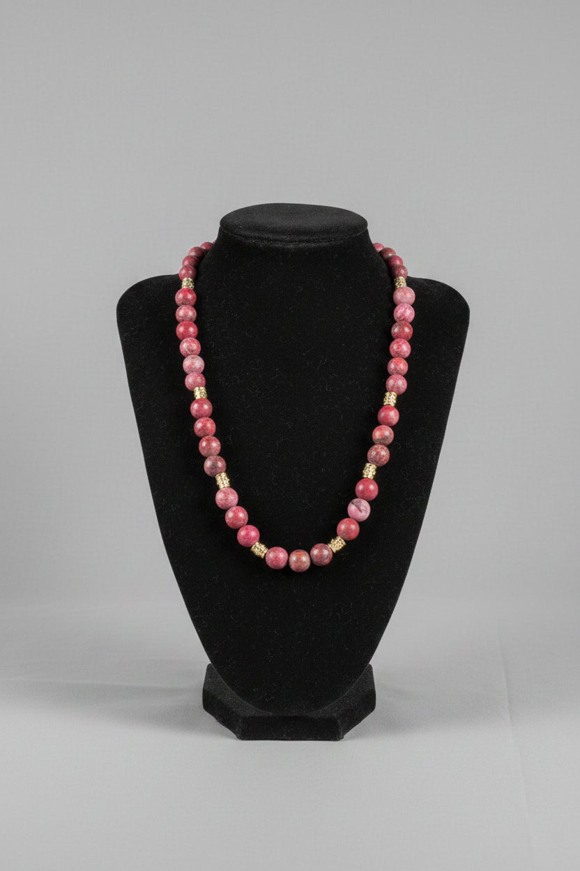 Natural Matte Rose Red Turquoise and Purple Bead Necklace with Gold Spacers