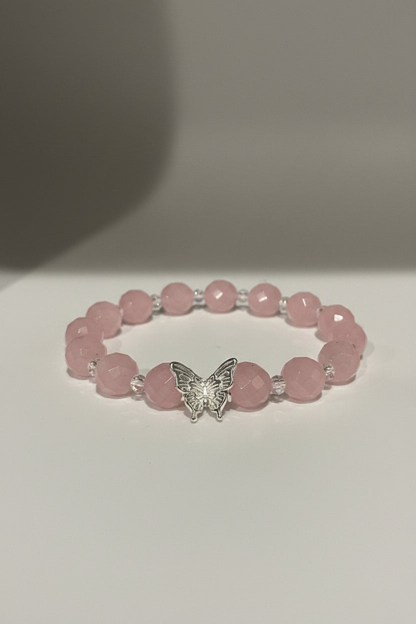 Rose Quartz Faceted Butterfly Bracelet with Silver Charm