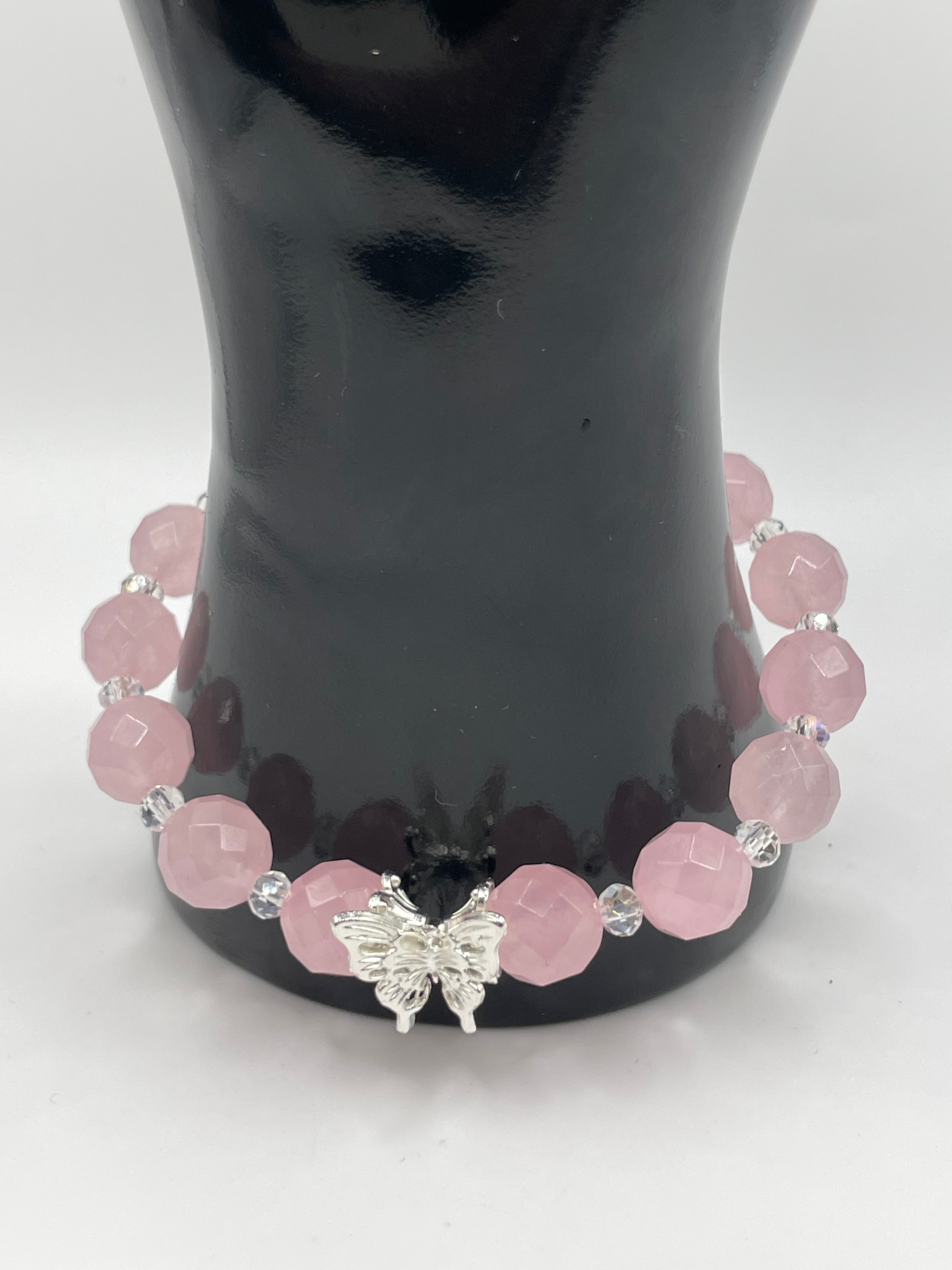Rose Quartz Faceted Butterfly Bracelet with Silver Charm