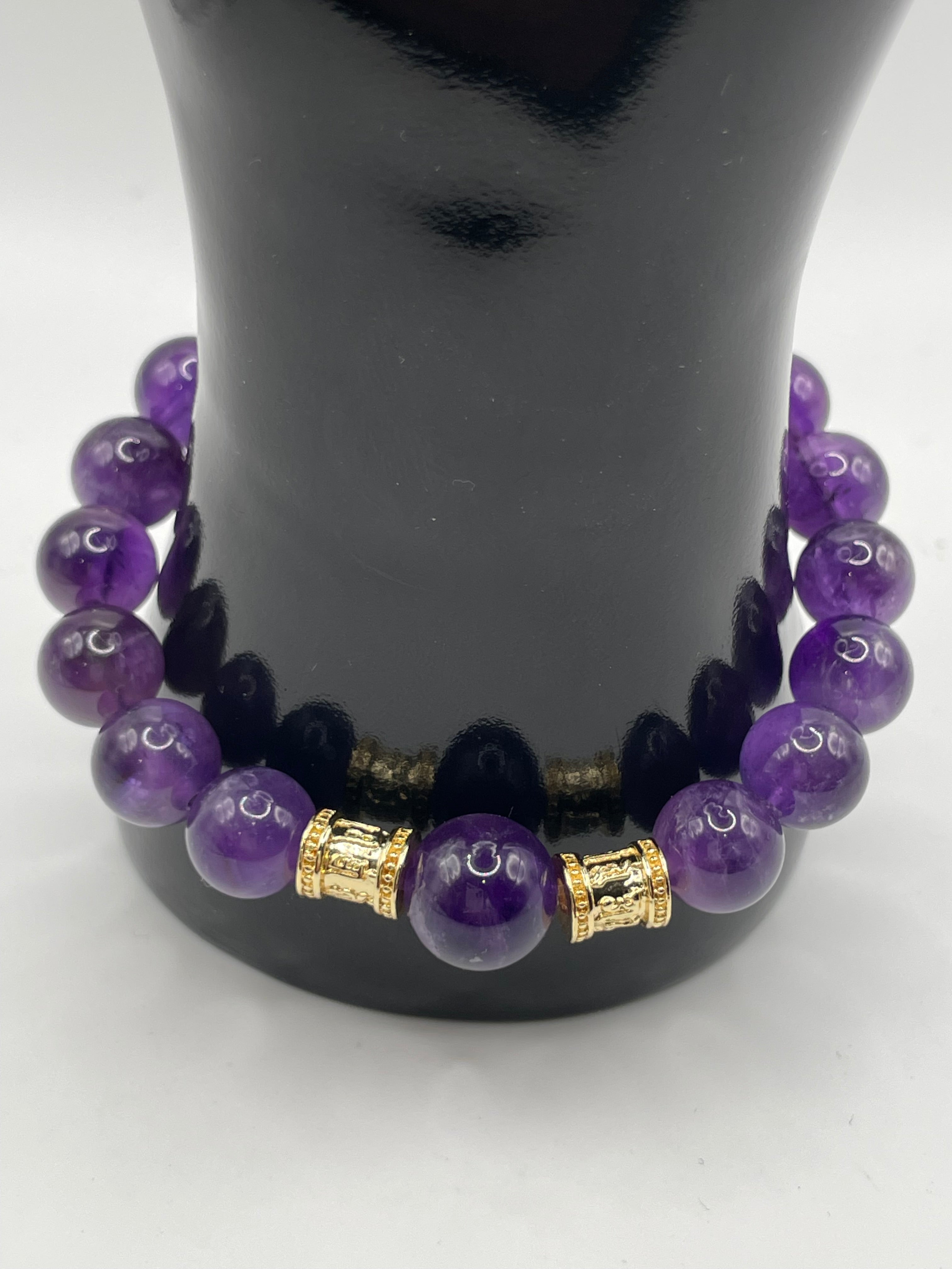 Amethyst & Gold Cylinder Spacer Bracelet — 10mm & 12mm