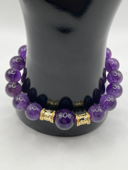 Amethyst & Gold Cylinder Spacer Bracelet — 10mm & 12mm