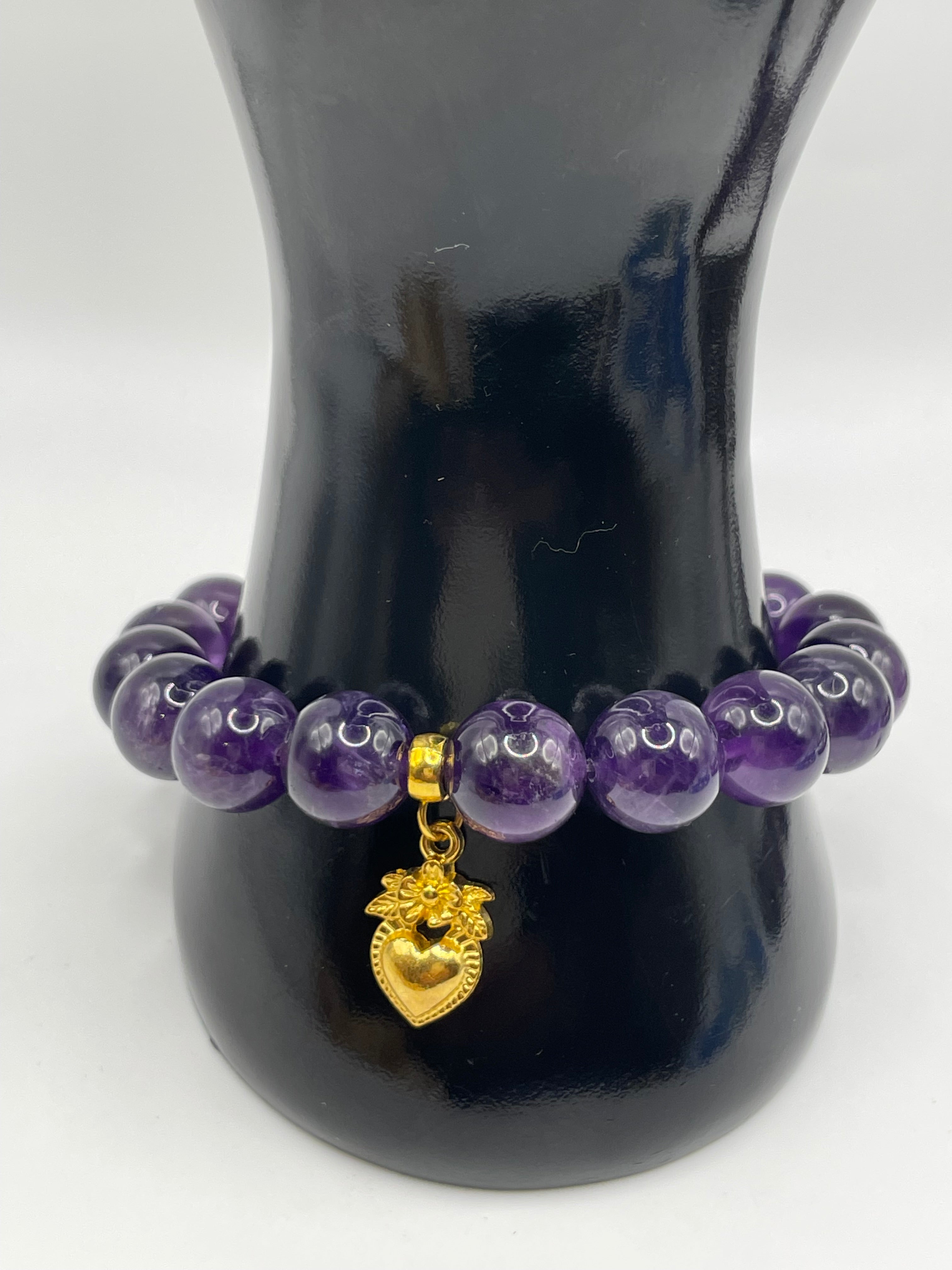 Dark Amethyst & Gold Heart Bracelet — 12mm