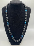 22" Matte Black Onyx & Blue Round Hematite Necklace with Metallic Screw Closure