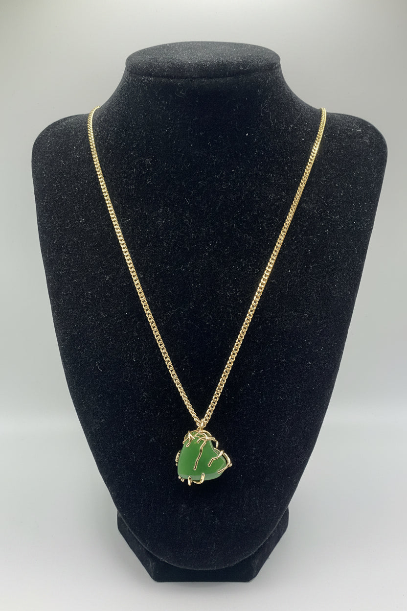 Raw Jade Wire-Wrapped Pendant Necklace on gold Cuban curb chain