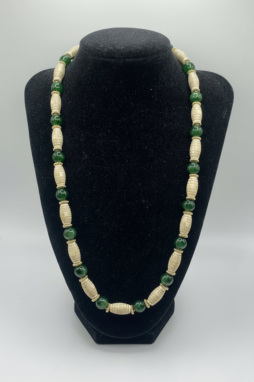 Green Tiger Eye and Bohemian Acrylic Oval Bead Necklace on black bust display