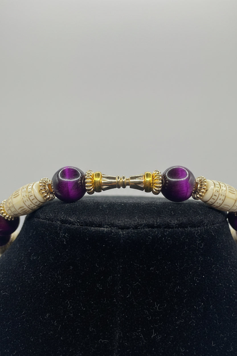 Purple Tiger Eye and Bohemian Acrylic Oval Bead Necklace close-up showing clasp detail
