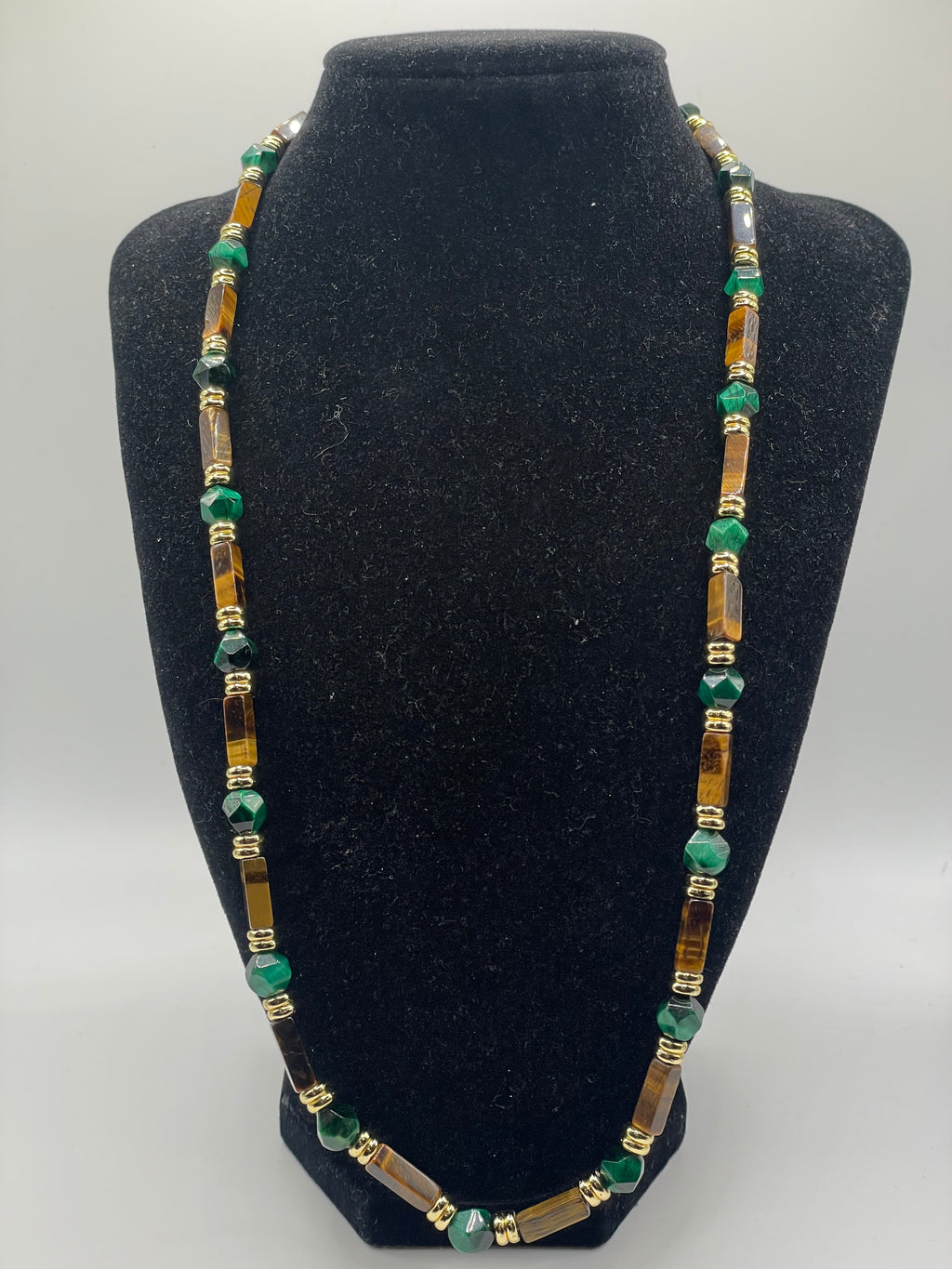 Green Tiger Eye & Natural Tiger Eye Cylinder Necklace | 24"