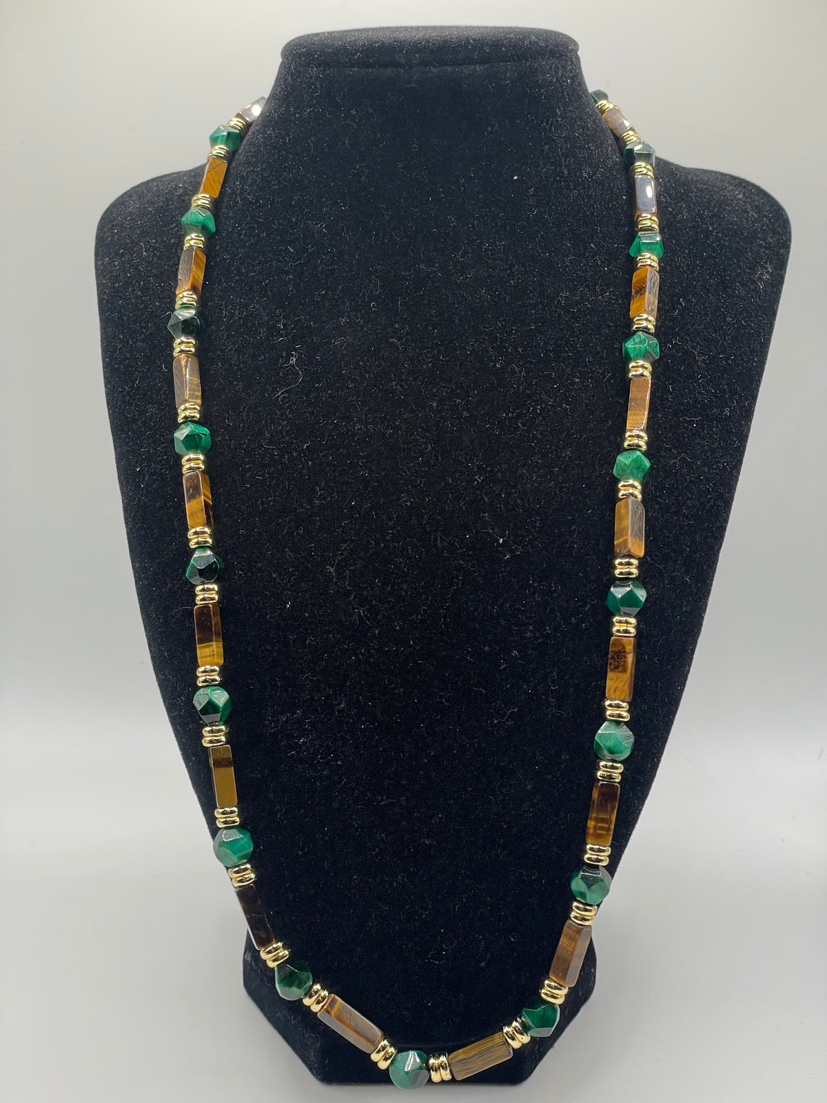 Green Tiger Eye & Natural Tiger Eye Cylinder Necklace | 24"