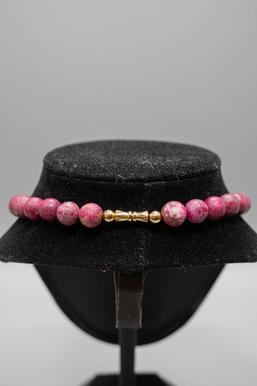 Natural Matte Rose Red Turquoise & Purple Bead Necklace with Gold Spacers