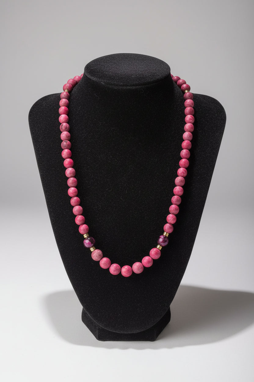 A pink beaded necklace displayed on a black velvet jewelry bust, with a second brown beaded necklace partially visible on the right side. The main necklace features round pink beads with small metallic spacer details.