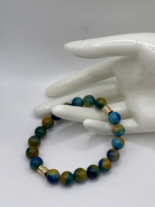 Blue and Yellow Agate Bead Bracelet 10mm on hand display