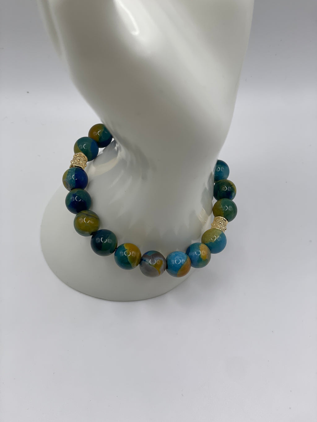 Blue and Yellow Agate Bead Bracelet 10mm on bust display