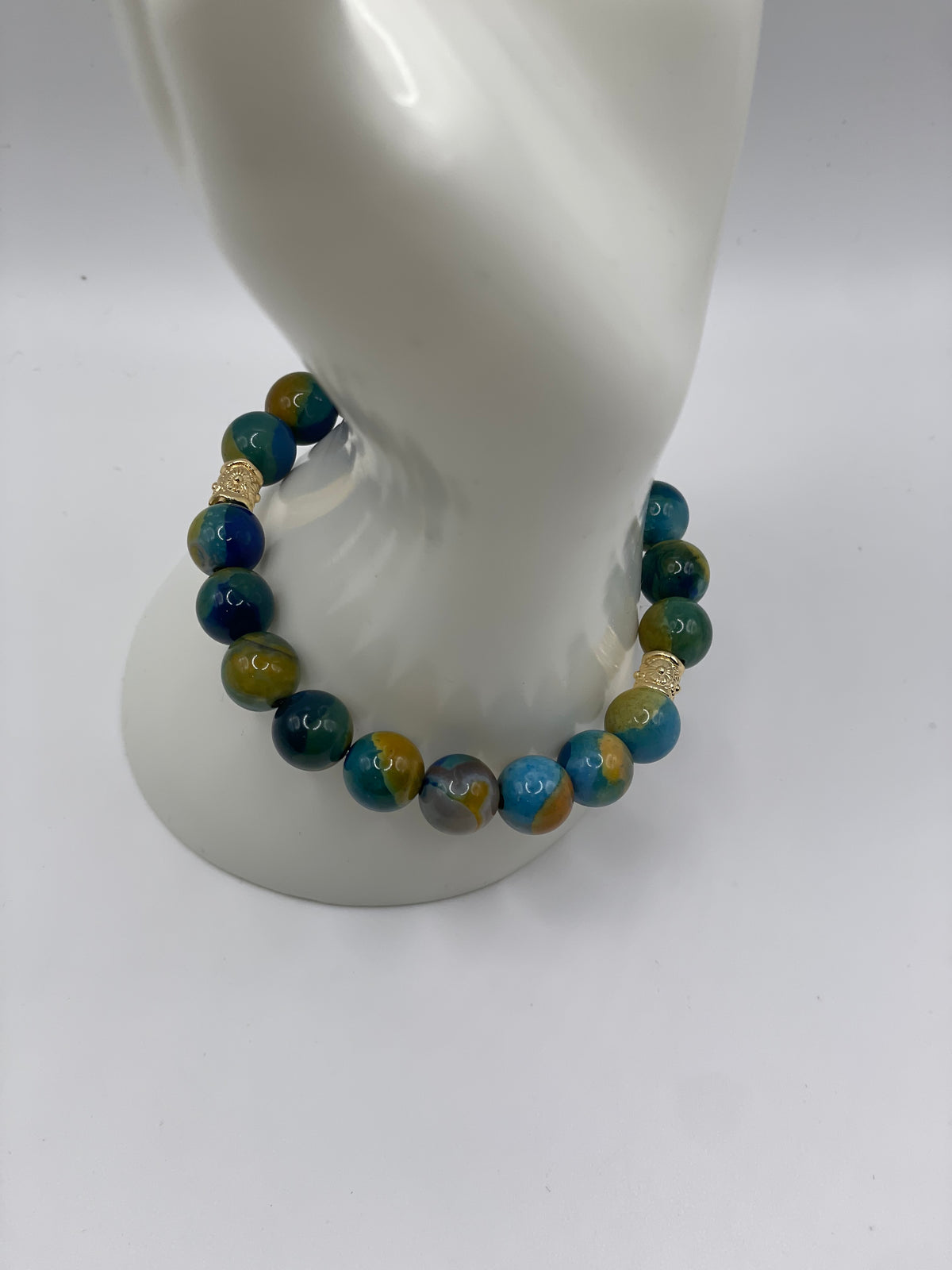 Blue and Yellow Agate Bead Bracelet 10mm on bust display