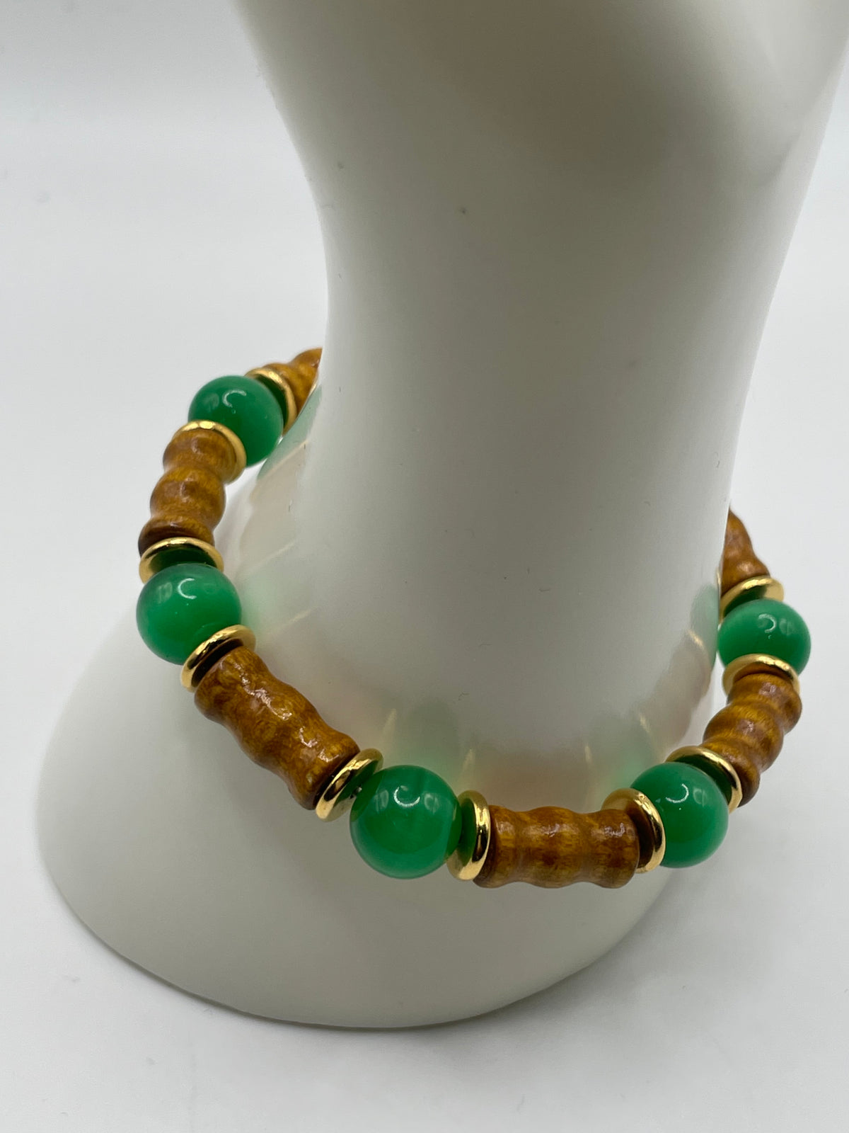 Wooden Beads & Green Cat Eye Bracelet