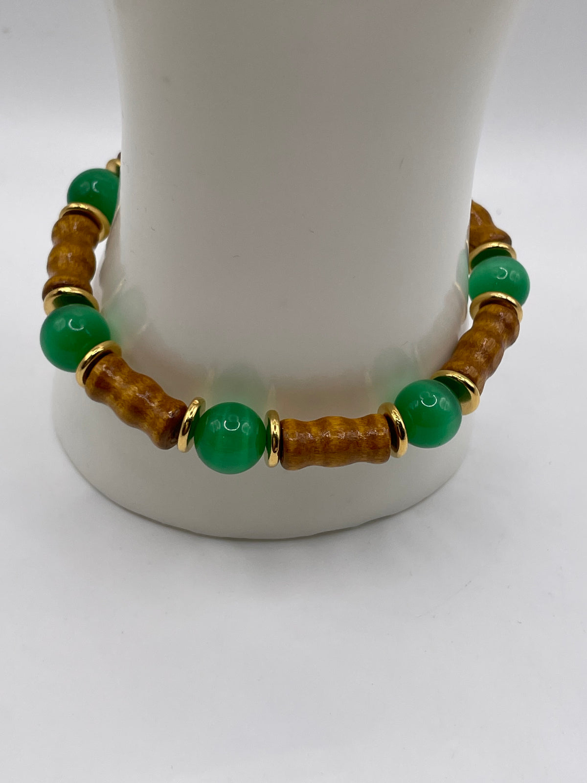Wooden Beads & Green Cat Eye Bracelet