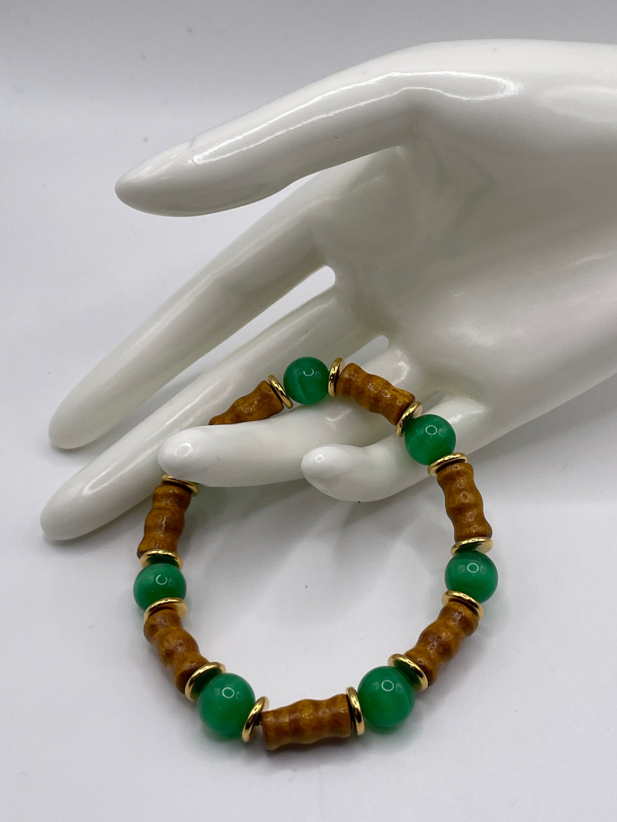 Wooden Beads & Green Cat Eye Bracelet