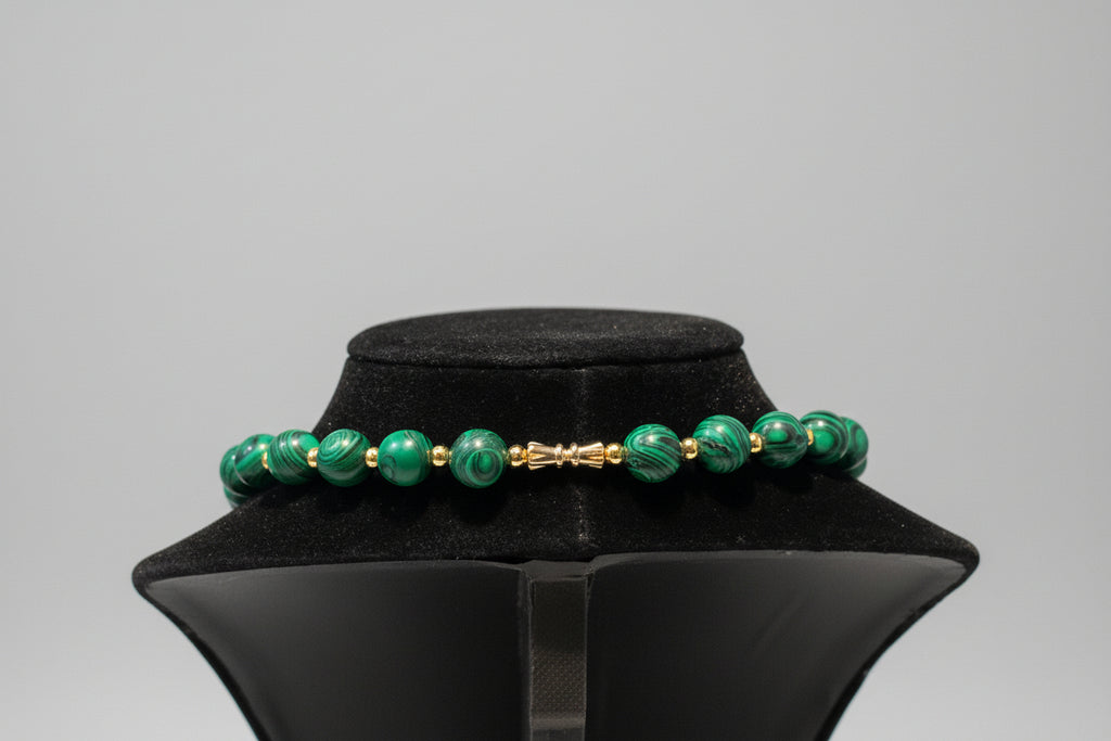 Malachite Necklace with Gold Spacers - 10mm Green Stone 20" Screw Clasp Necklace
