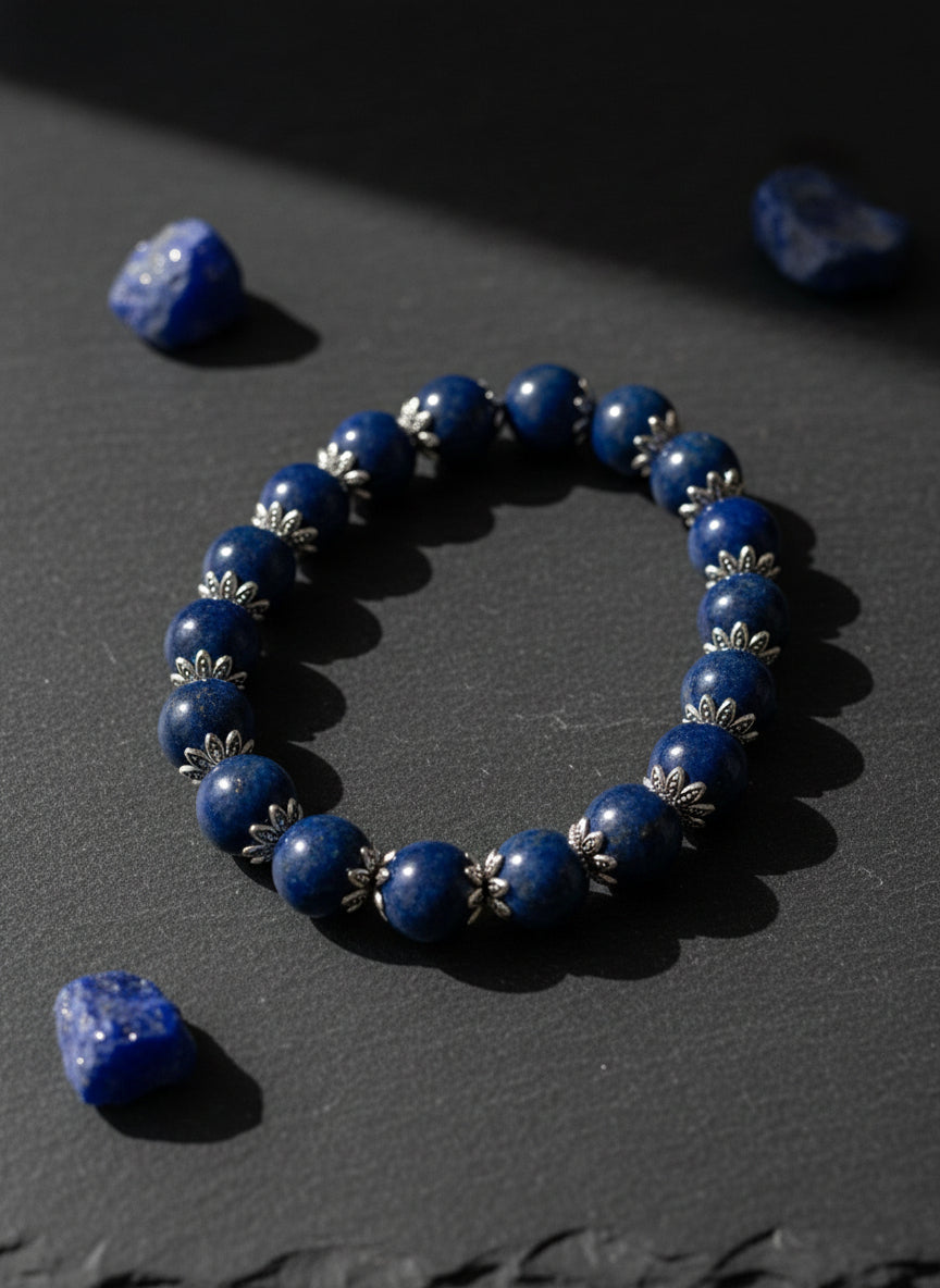 Blue beaded bracelet 10mm with silver accents on a dark surface