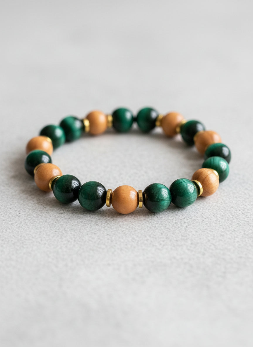 Beaded bracelet with green tiger eye, brown wooden beads with gold spacer on a dark textured background