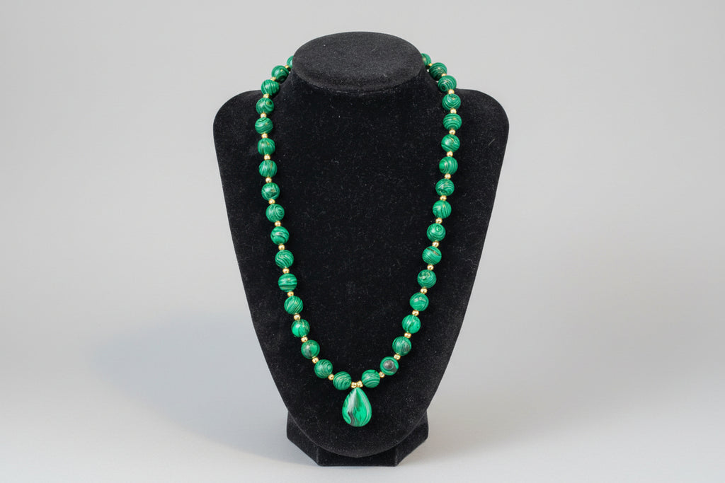 Malachite Necklace with Gold Spacers - 10mm Green Stone 20" Screw Clasp Necklace