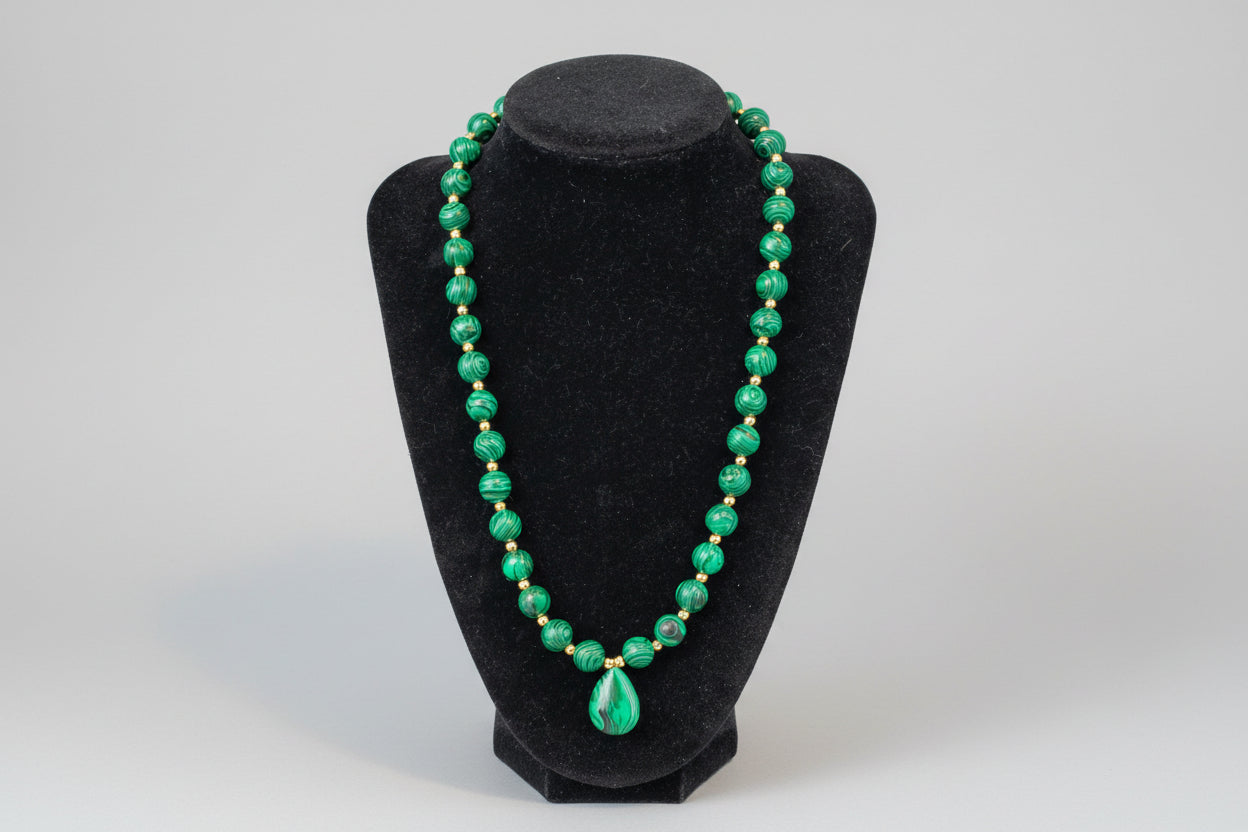 Malachite Necklace with Gold Spacers - 10mm Green Stone 20" Screw Clasp Necklace