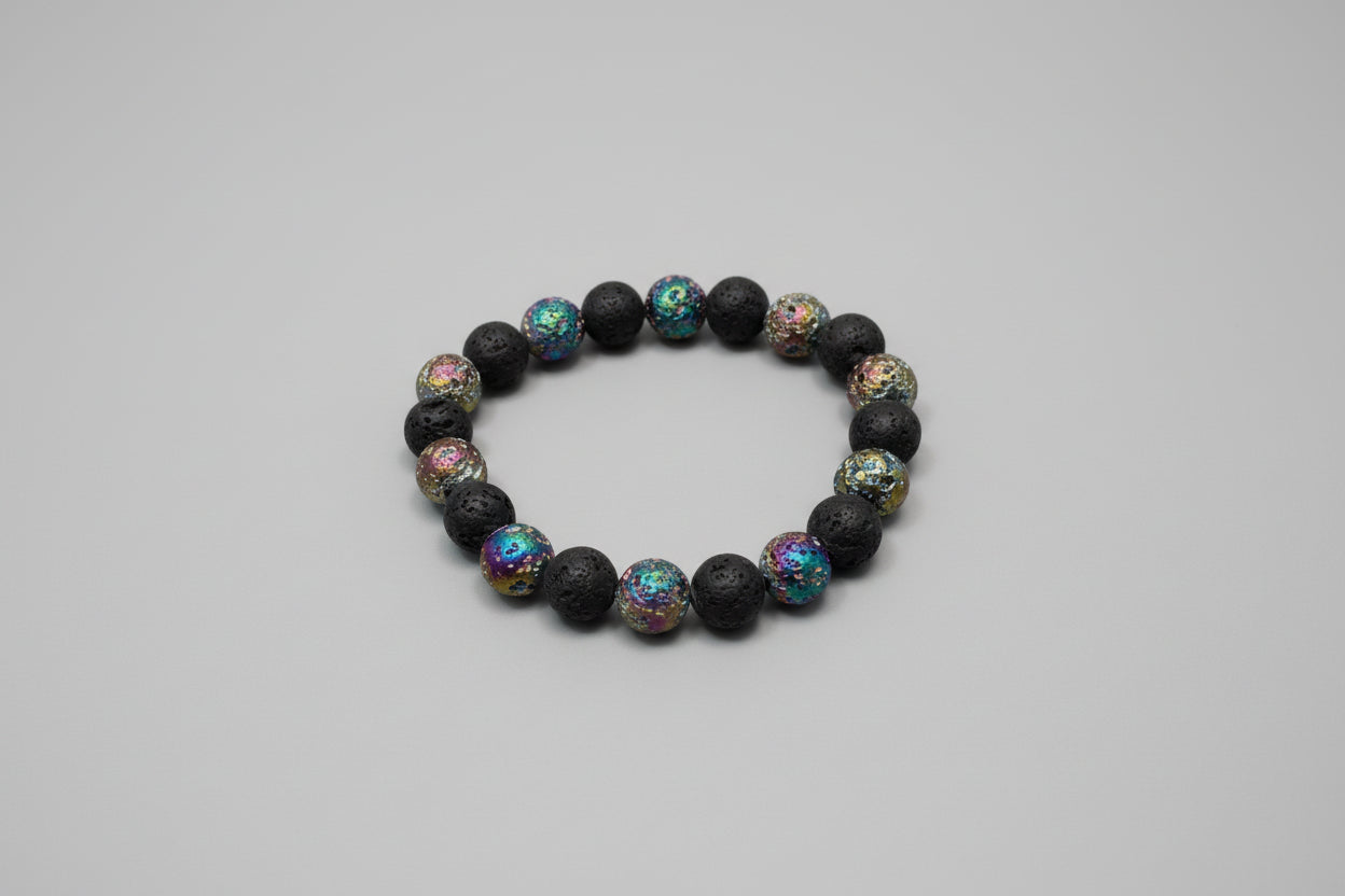 Black beaded bracelet with colorful beads on a wooden surface