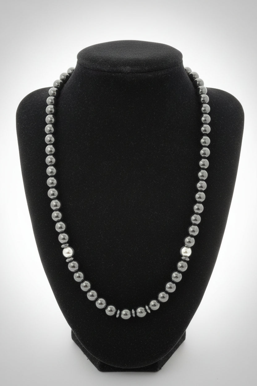 Natural black hematite 10mm bead necklace with silver round hematite and flat spacers accents and 925 silver toggle closure, 20 inches