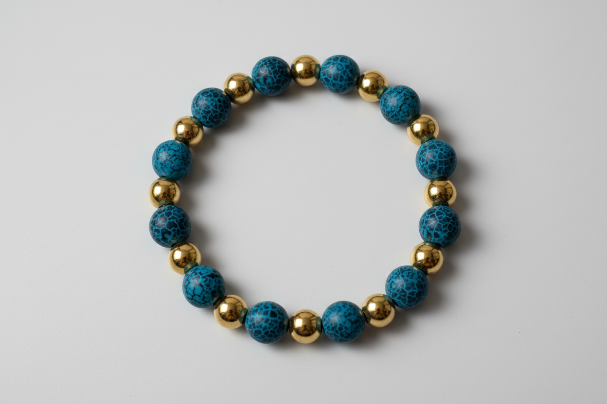 Bracelet with blue and gold beads on a wooden surface
