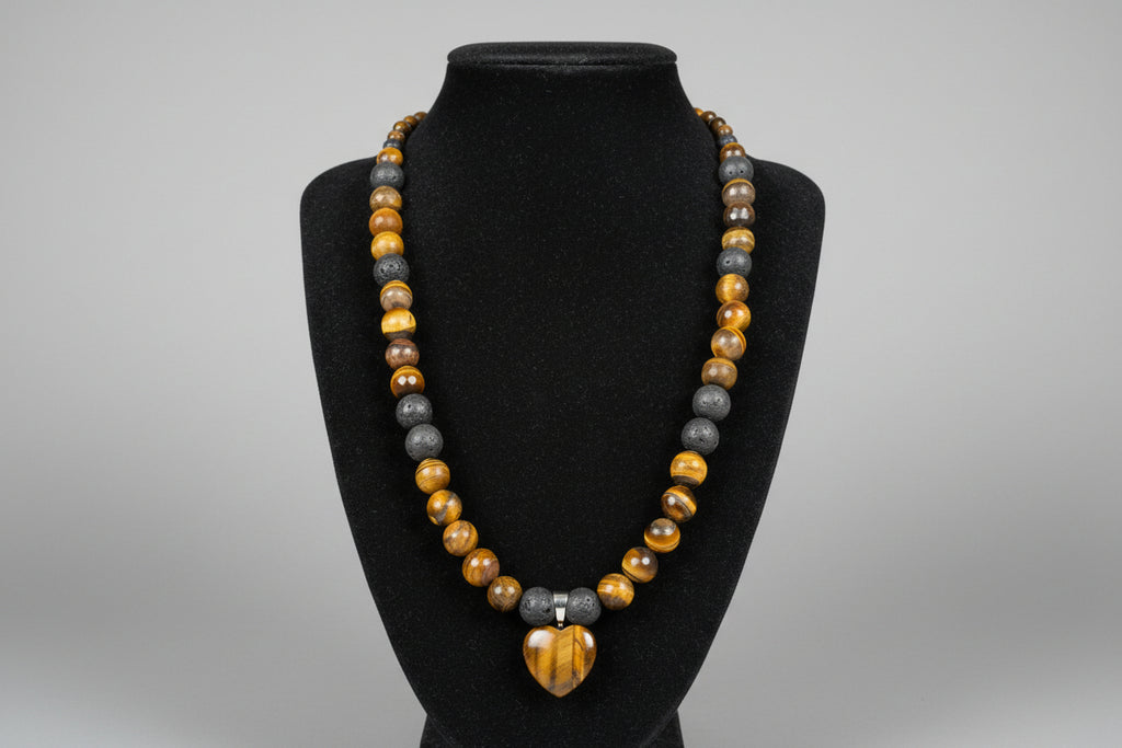 Yellow Tiger Eye & Lava Stone Necklace with Heart Pendant