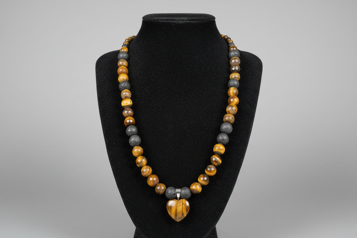 Yellow Tiger Eye & Lava Stone Necklace with Heart Pendant
