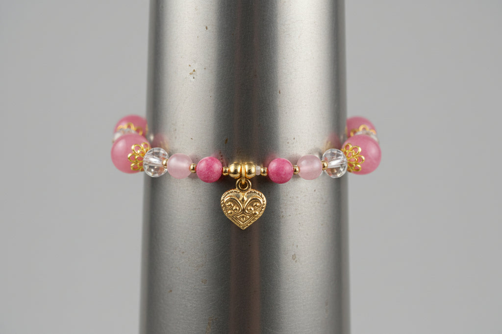 2mm Persian Natural Stone Beads Round Pink White Beads with Gold heart charm