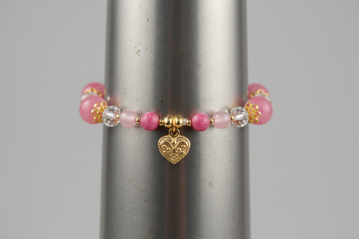 2mm Persian Natural Stone Beads Round Pink White Beads with Gold heart charm