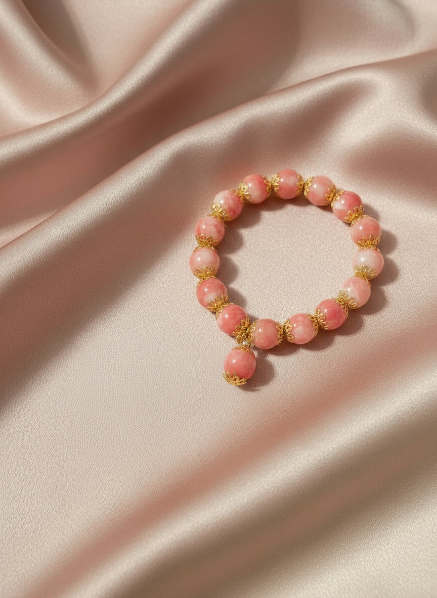 Pink beaded bracelet on a silk surface