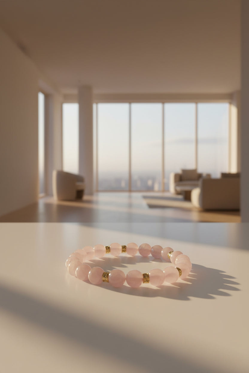 Pink beaded bracelet with gold accents on a white background