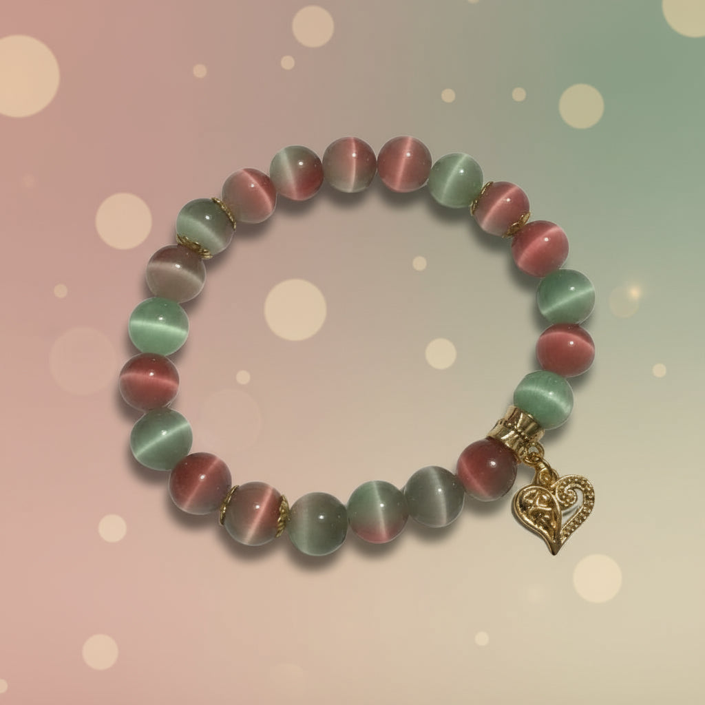 Double-Color Pink & Green Cat's Eye with gold plated charm