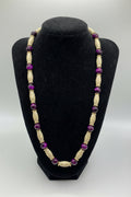 Purple Tiger Eye and Bohemian Acrylic Oval Bead Necklace on black bust display, full length